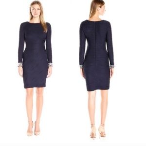 Eliza J Textured Navy Dress with Jeweled Sleeves